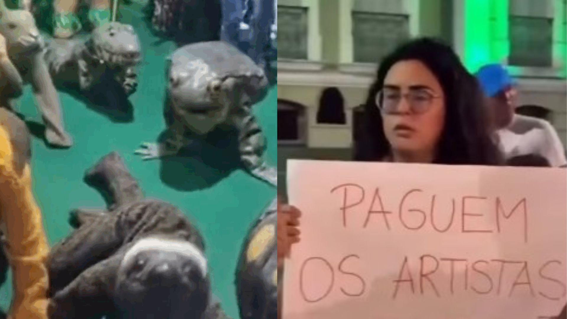 Atores fantasiados protestam na COP30 por falta de pagamento.