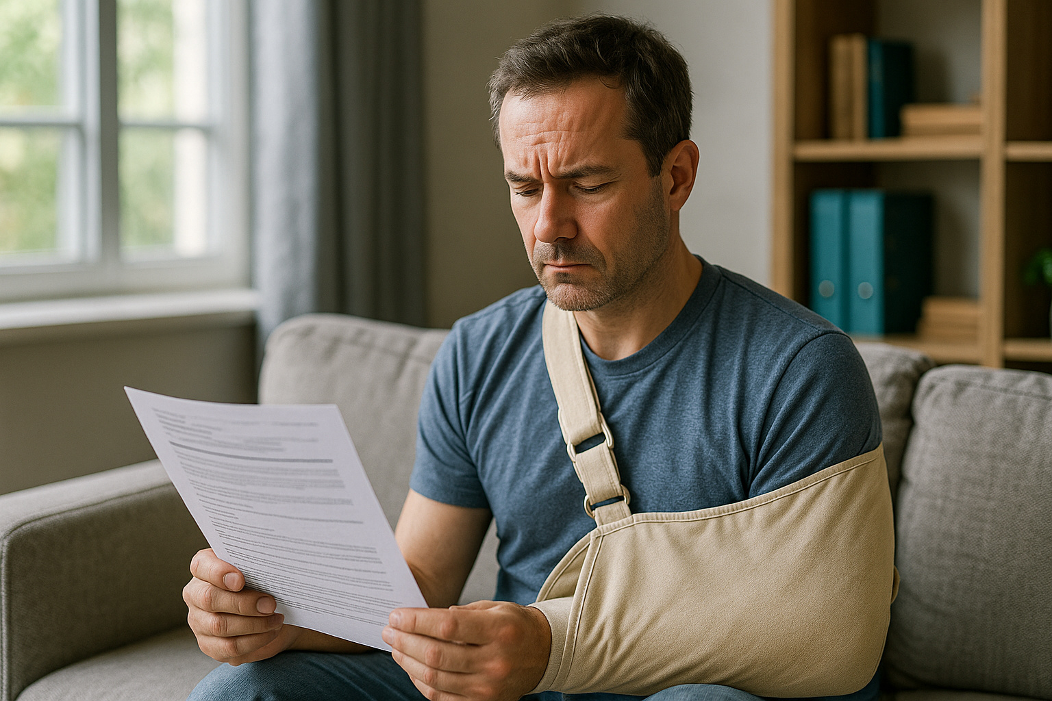 Homem com o braço imobilizado analisa documentos relacionados ao auxílio-doença do INSS em ambiente doméstico.