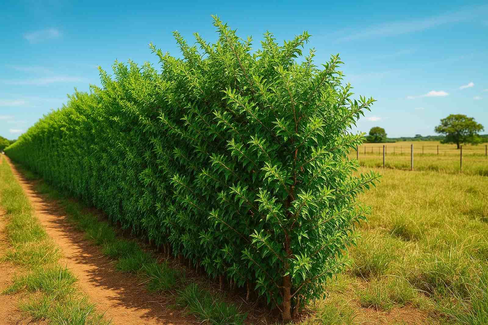 Propriedade rural reduz gastos ao substituir muro de alvenaria por cerca viva plantada a cada 20 cm, criando proteção densa e eficiente