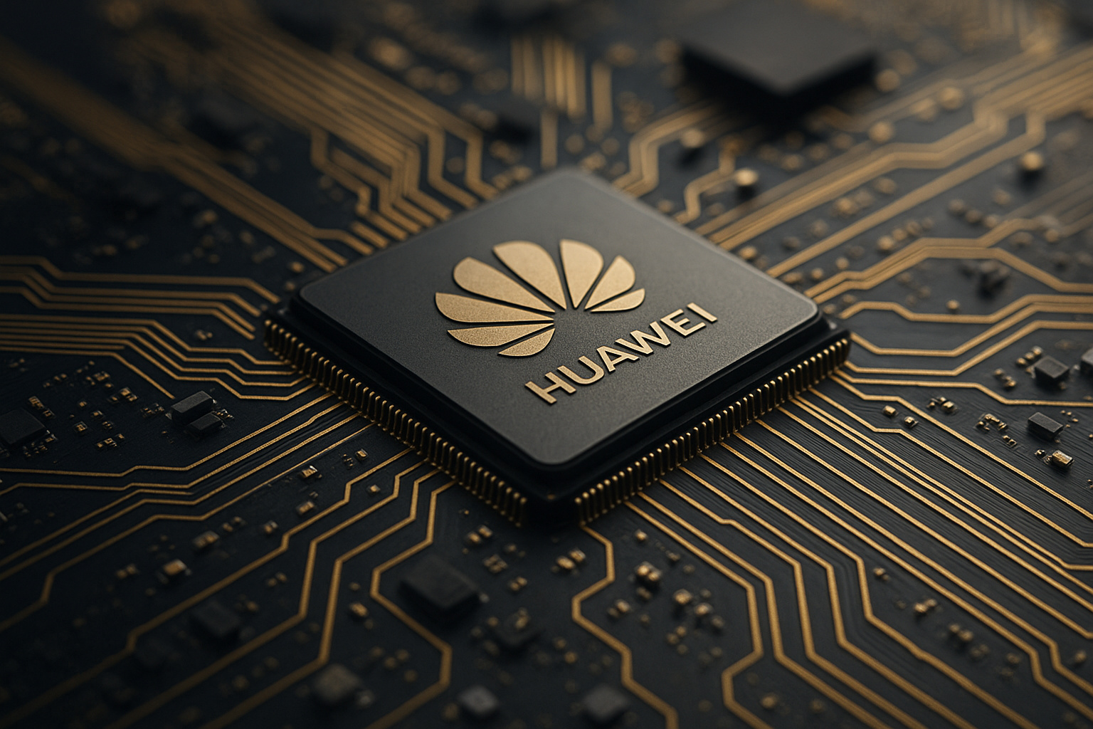 Chip da Huawei em placa de circuito, representando a substituição de chips estrangeiros em data centers chineses.