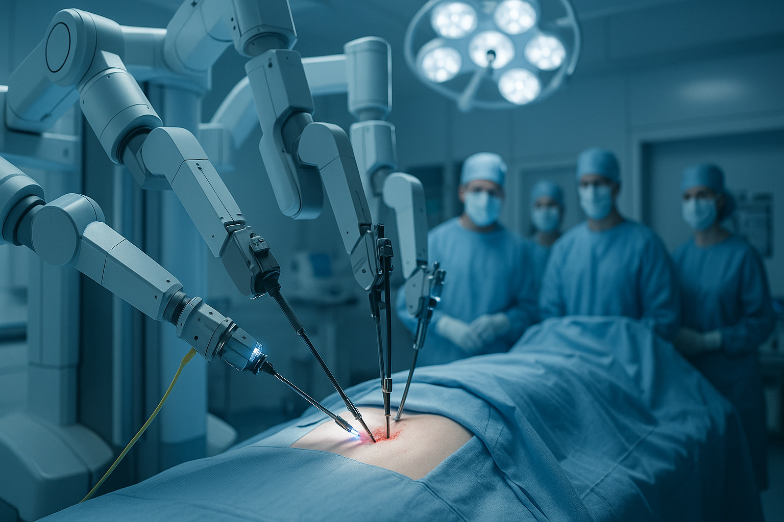 Robô realizando cirurgia de próstata com braços articulados em centro cirúrgico moderno.