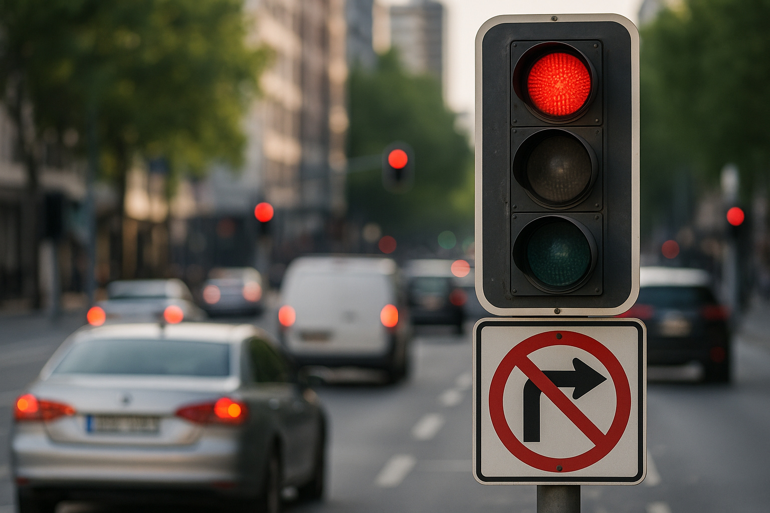 Semáforo vermelho e placa proibindo conversão à direita em cruzamento urbano movimentado, ilustrando as regras do CTB sobre manobras no sinal vermelho.