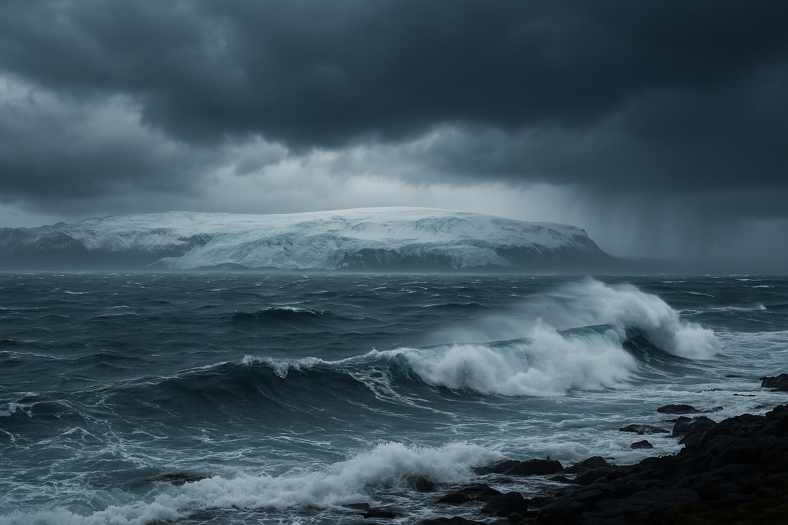 Tempestade no oceano Atlântico perto da Islândia com ondas fortes e céu nublado, representando o risco climático ligado ao possível colapso da AMOC.