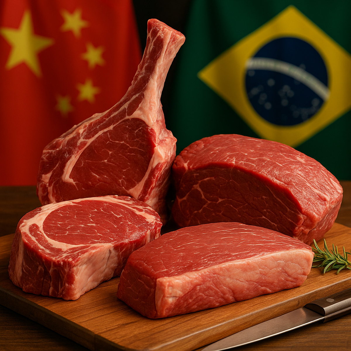 Cortes de carne bovina brasileira sobre tábua de madeira, com bandeiras do Brasil e da China ao fundo representando a parceria da Cúpula da Carne.