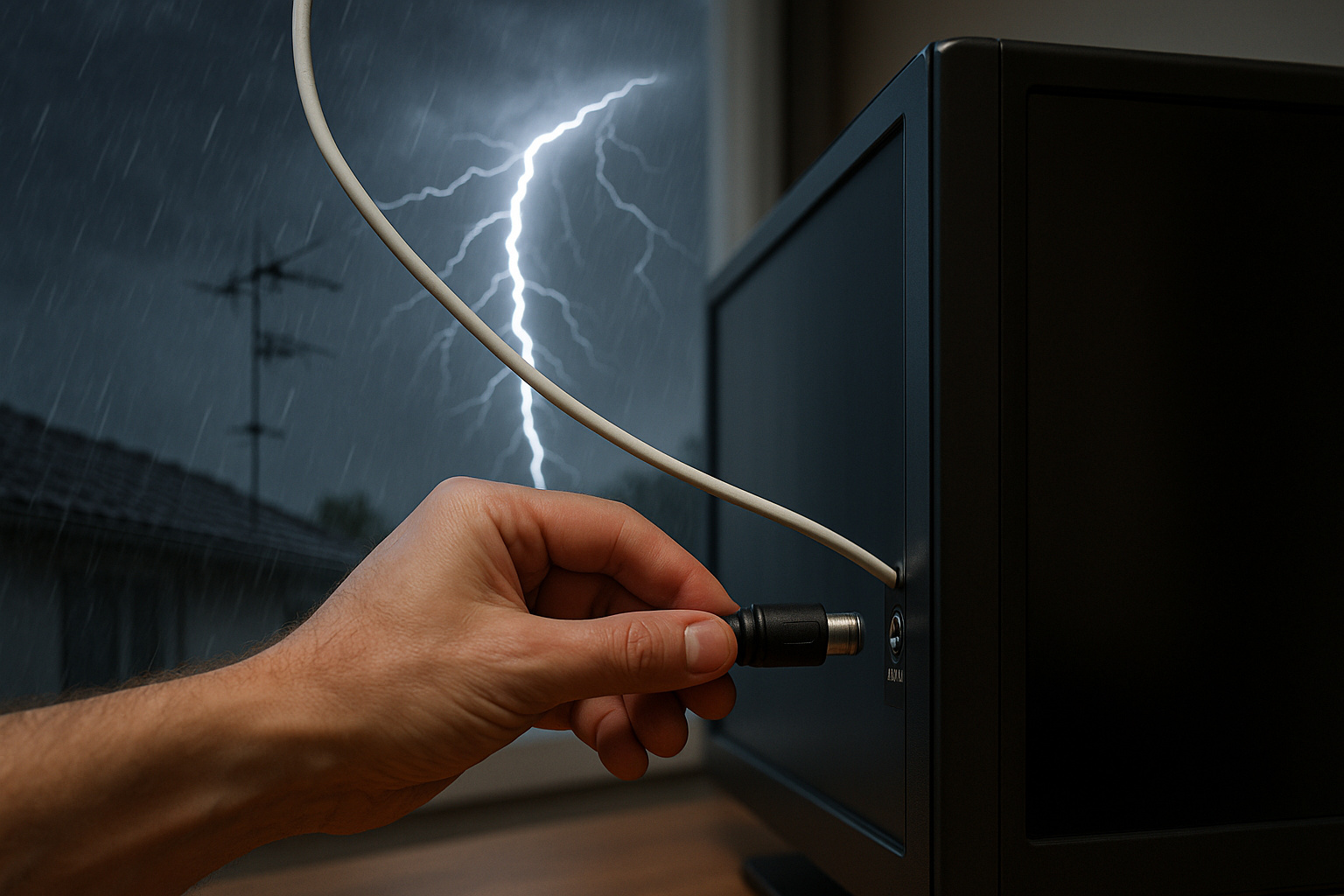 Mão desconectando o cabo da antena da TV durante tempestade com relâmpagos ao fundo, ilustrando prevenção de danos elétricos.