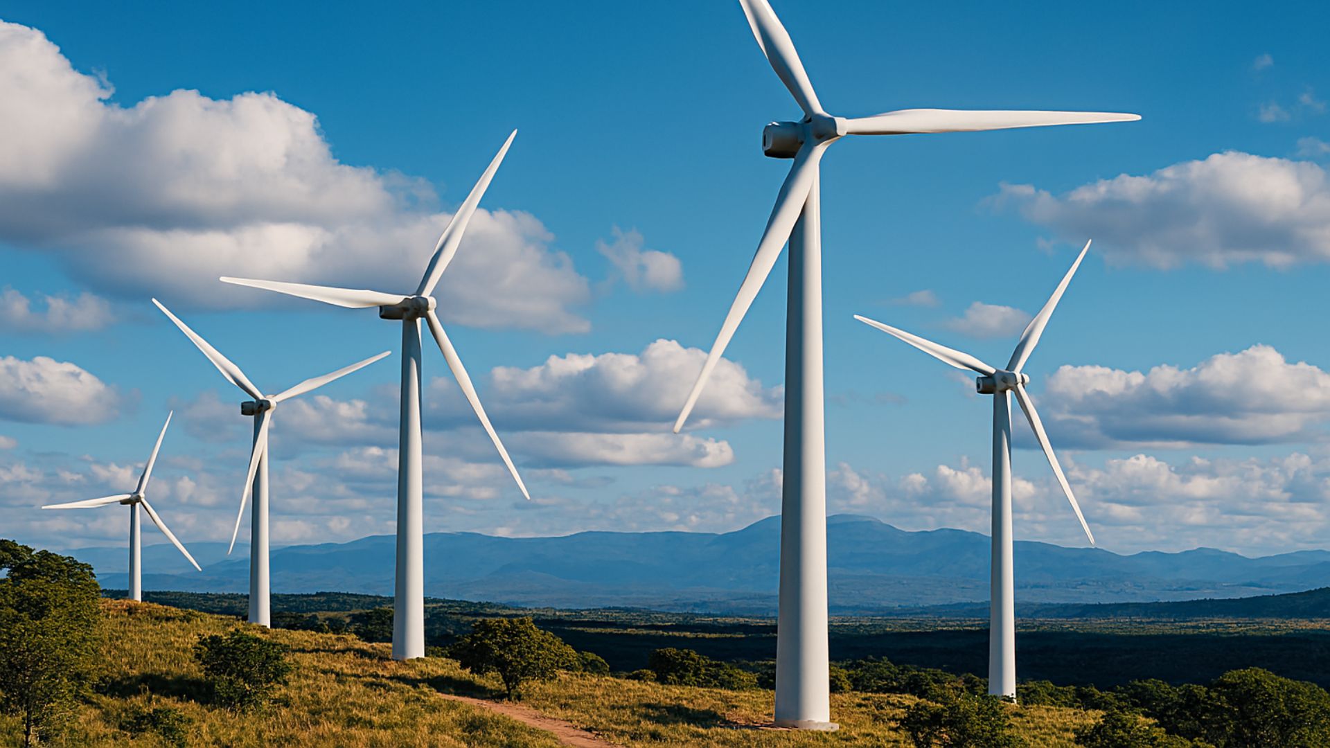 Quatro turbinas eólicas em operação sobre colinas verdes sob céu azul com nuvens, com montanhas ao fundo.