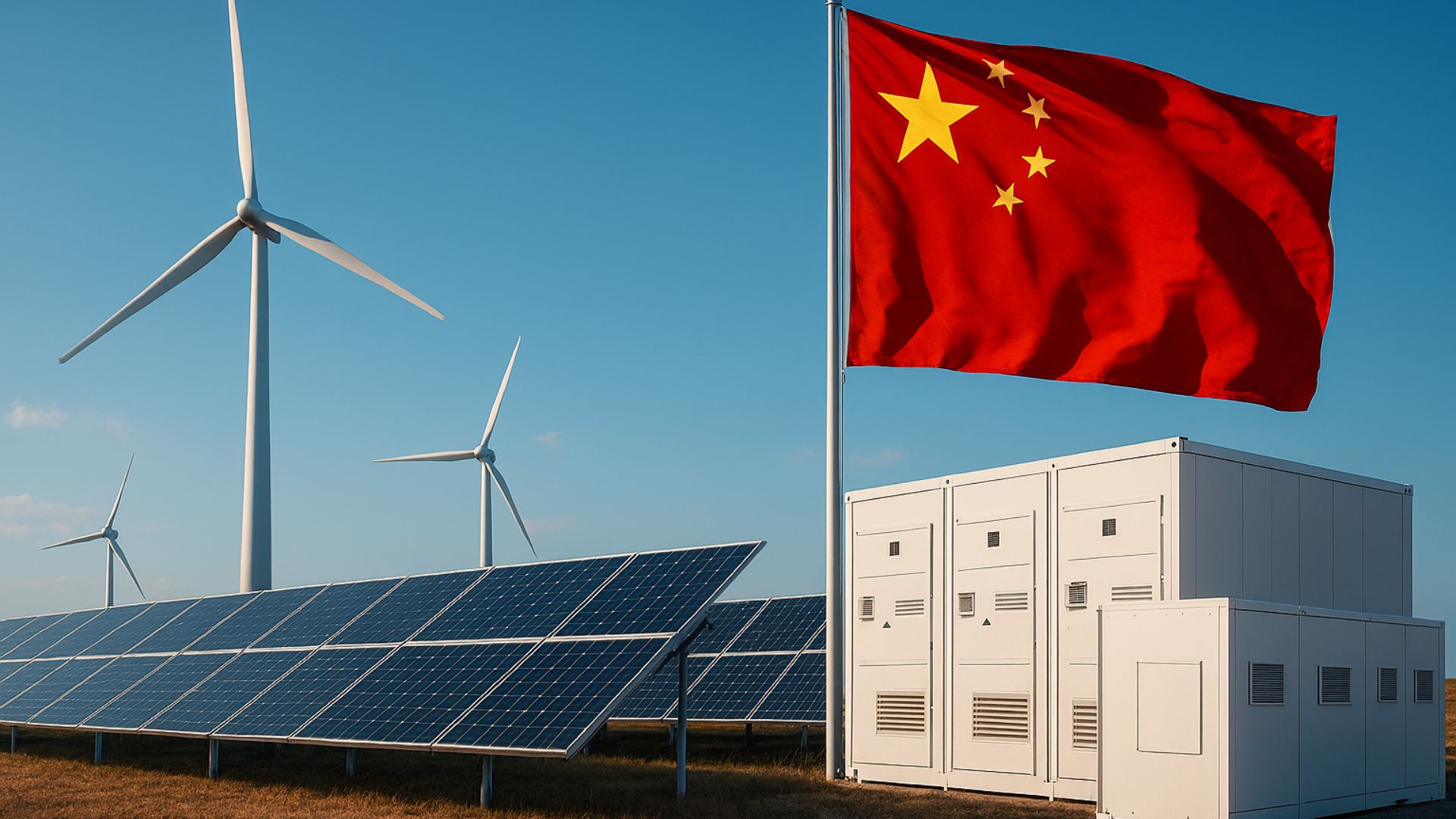 Infraestrutura de energia renovável com painéis solares, turbinas eólicas, baterias BESS e bandeira da China sob céu azul claro