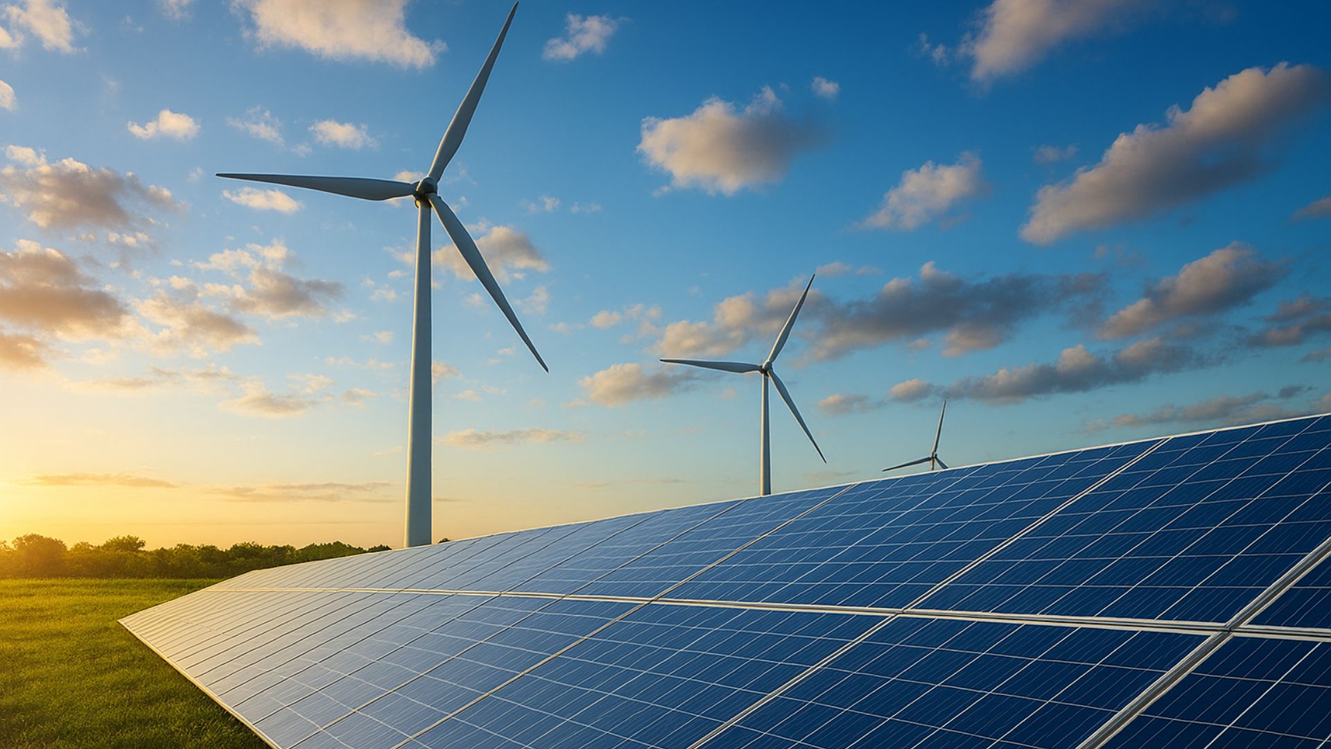 Paisagem de energia renovável com painéis solares e turbinas eólicas ao pôr do sol, representando sustentabilidade e tecnologia limpa