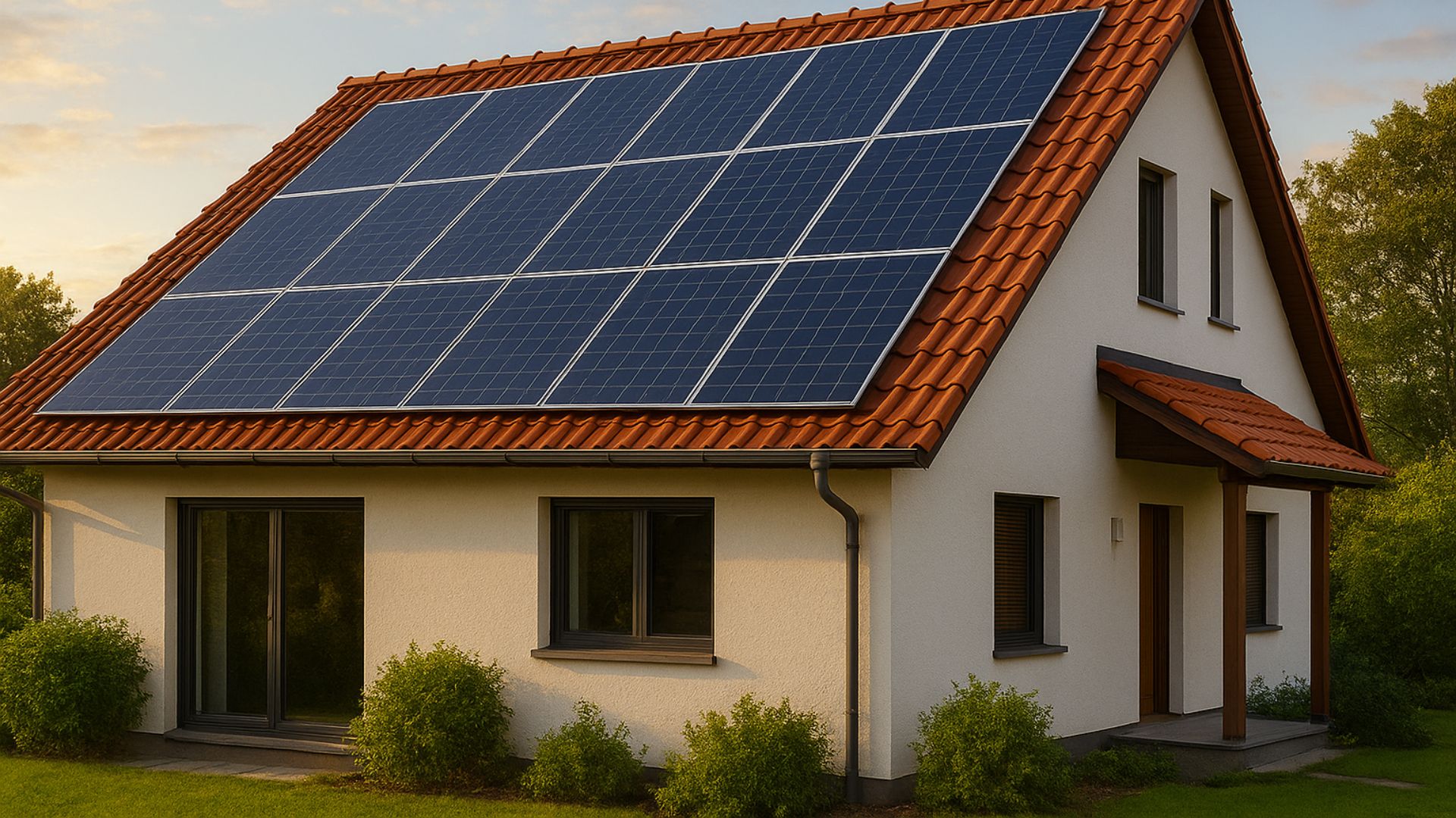Casa brasileira térrea com telhado de telhas cerâmicas equipado com painéis solares, cercada por vegetação e iluminada pelo pôr do sol