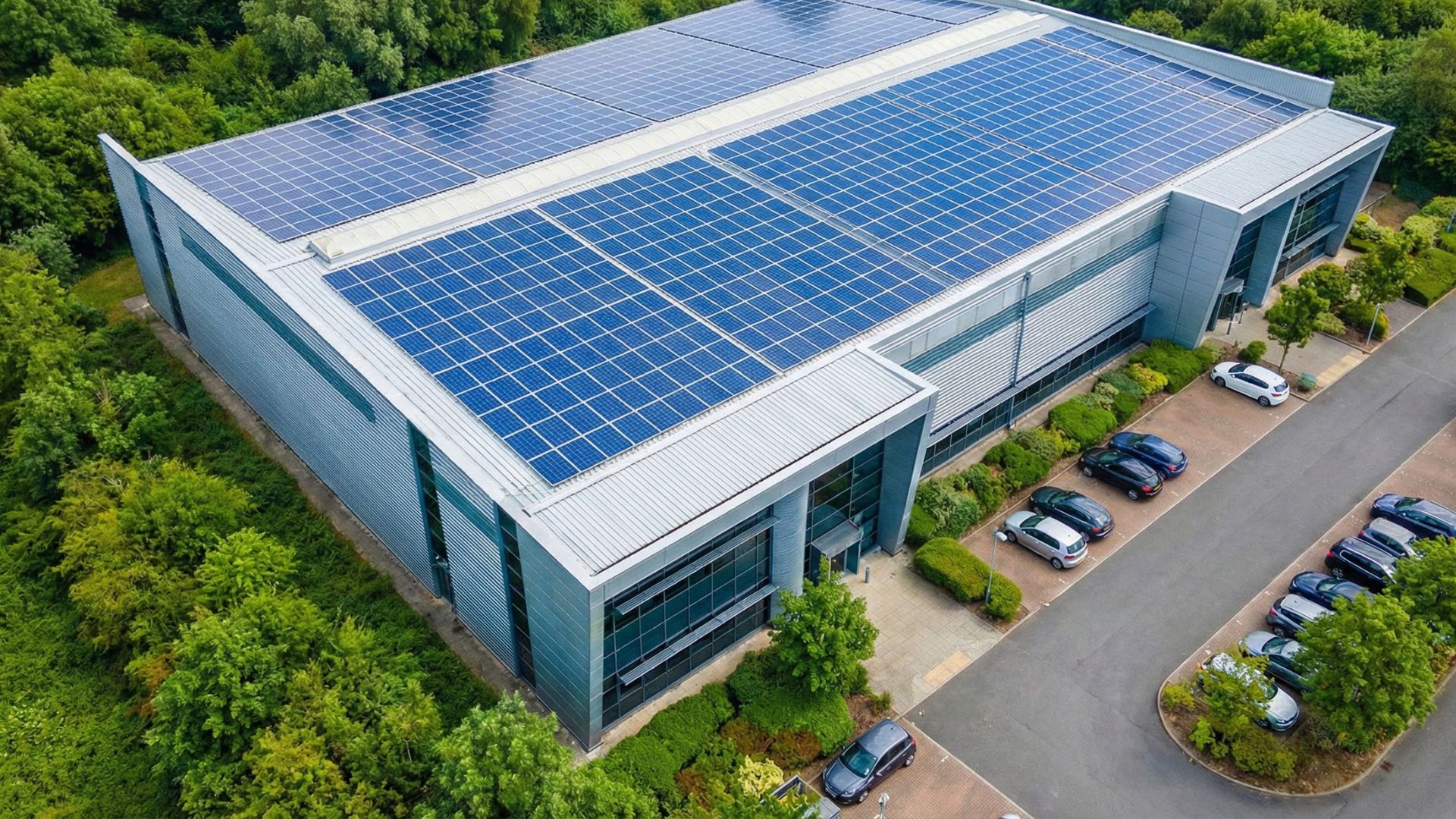 Vista aérea de prédio industrial moderno com telhado coberto por painéis solares azuis, cercado por árvores e estacionamento com carros