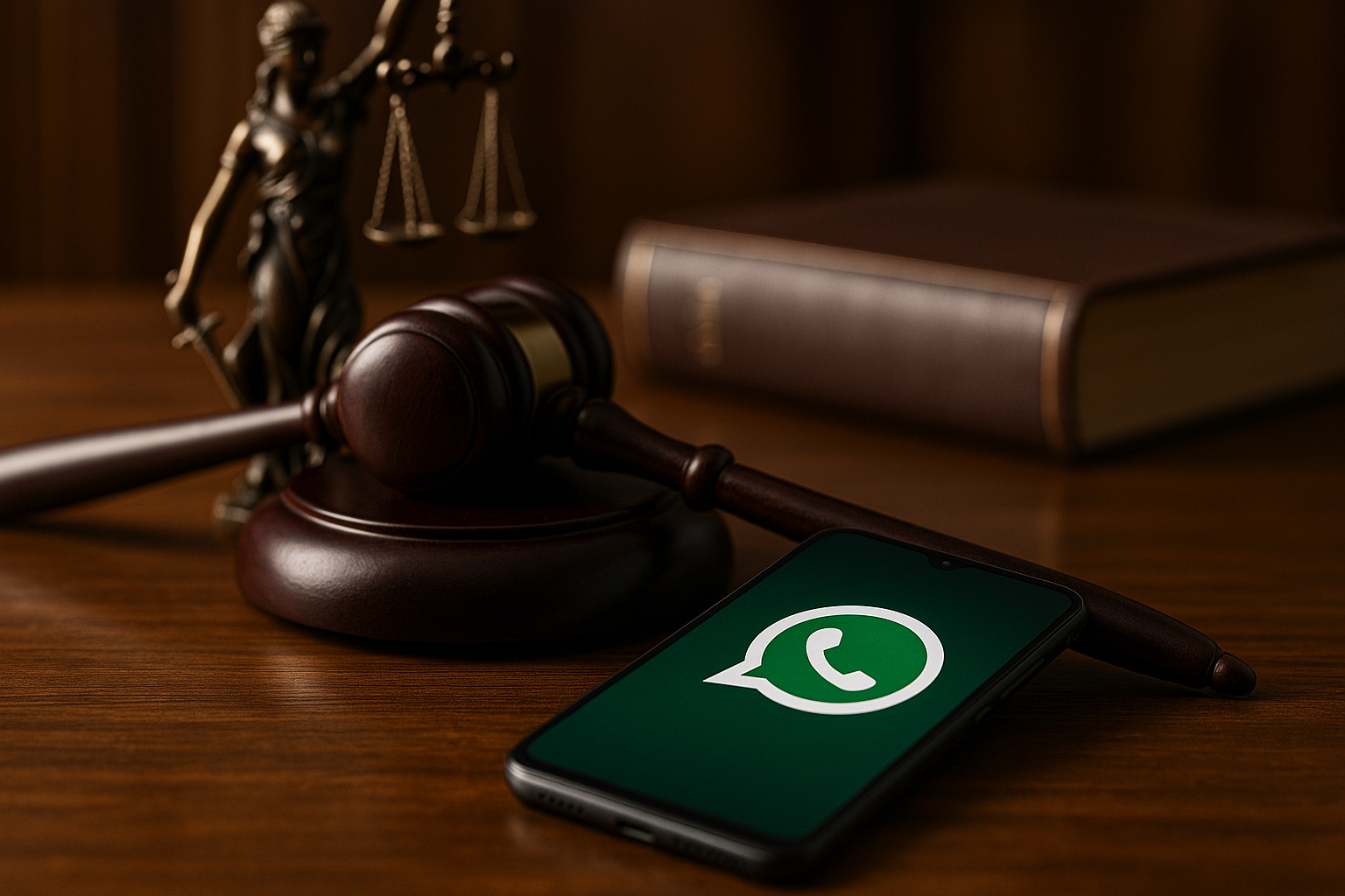 Gavel, estátua da Justiça e smartphone com WhatsApp sobre mesa, simbolizando o debate jurídico no STJ sobre espelhamento de mensagens.