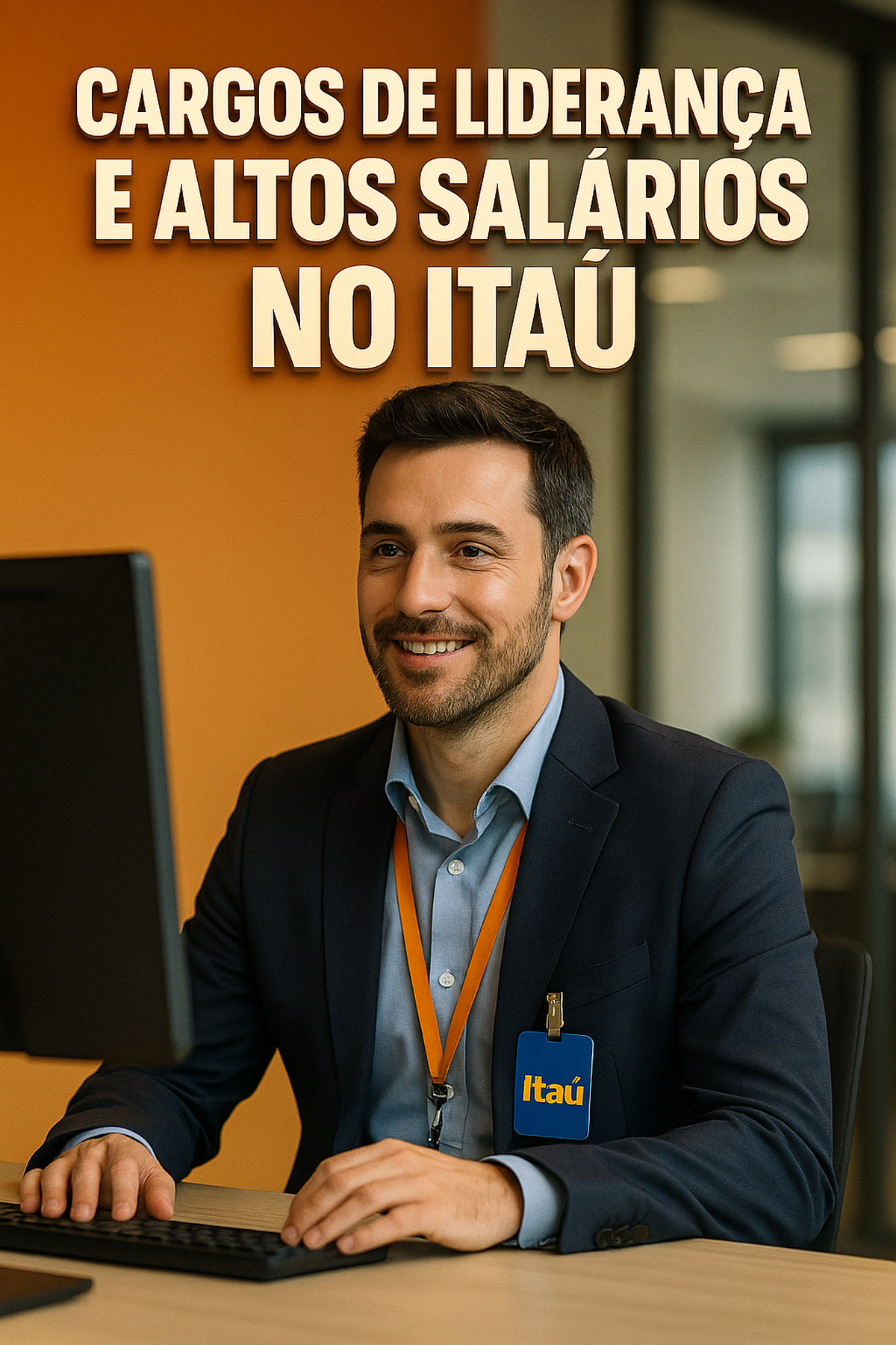 Profissional com crachá que remete ao Itaú trabalhando em escritório corporativo, simbolizando cargos de liderança e altos salários.
