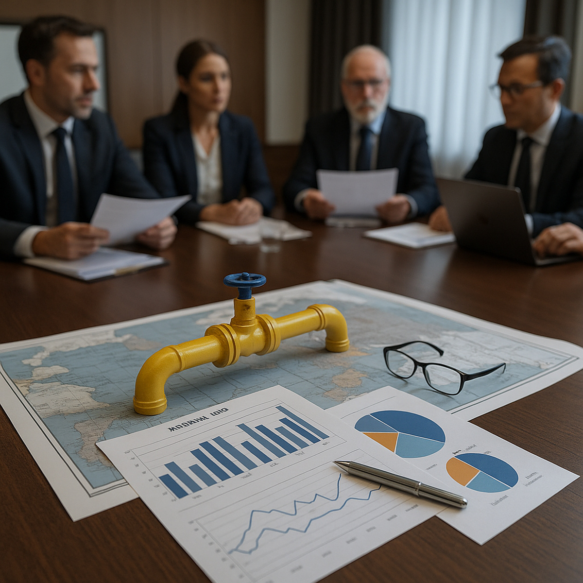 Reunião técnica sobre concorrência no mercado de gás natural, com mapa, gráficos e tubulação representando leilões e descentralização do setor.