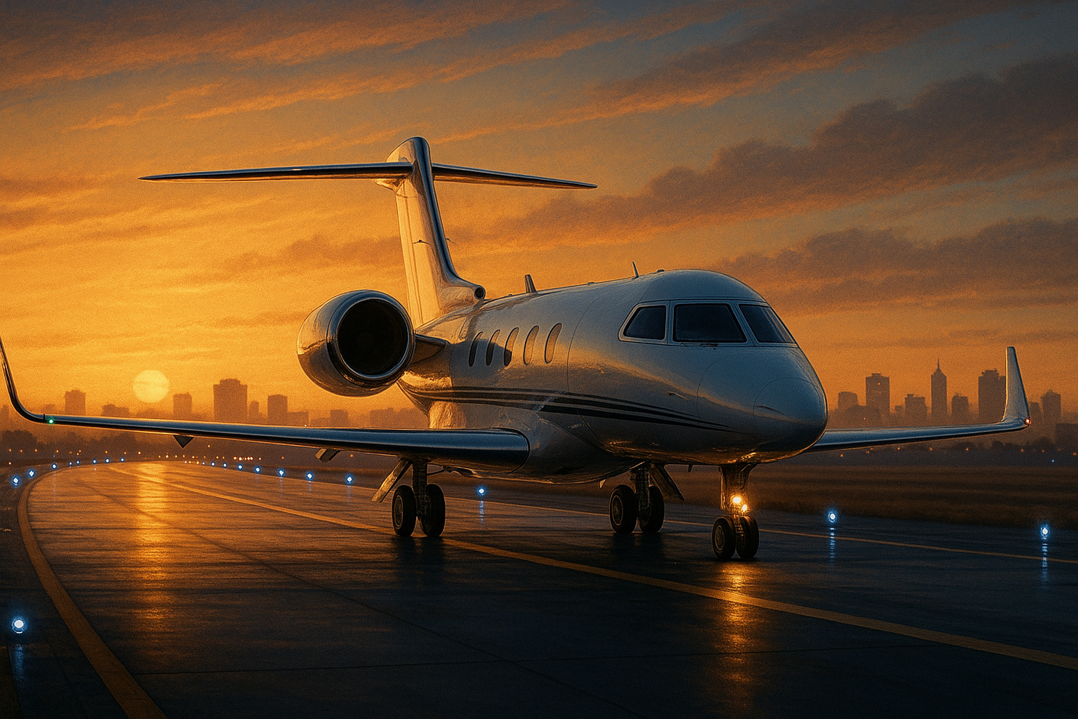 Jato particular de luxo taxiando ao pôr do sol, símbolo do crescimento da aviação executiva.