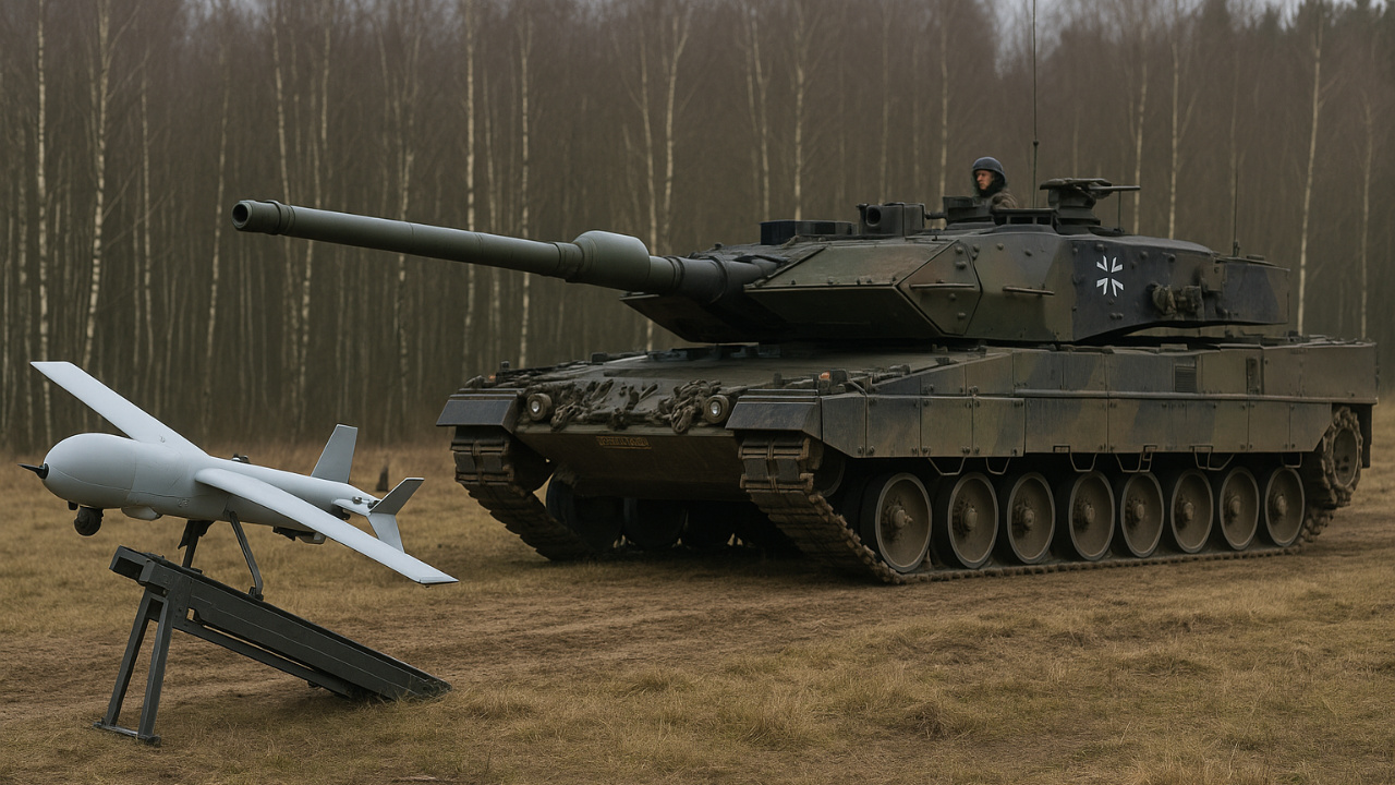 Batalhão sem precedentes chegou à fronteira russa: vem da Alemanha com 12 mil drones kamikaze e o tanque mais avançado.