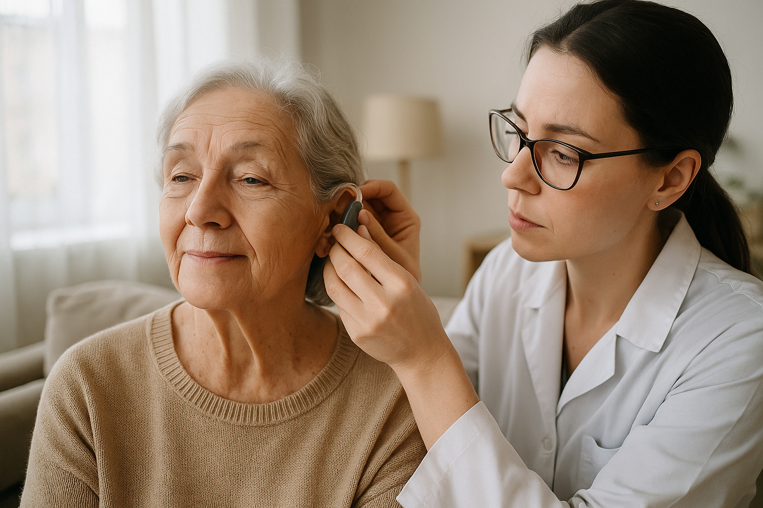Idosa sendo auxiliada por fonoaudióloga para usar aparelho auditivo moderno, ilustrando reportagem sobre monopólio global e acessibilidade.