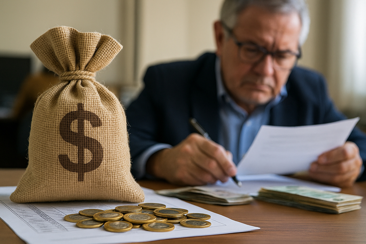 Saco de dinheiro e moedas sobre documentos enquanto aposentado analisa papéis, simbolizando risco financeiro após liquidação do Banco Master.
