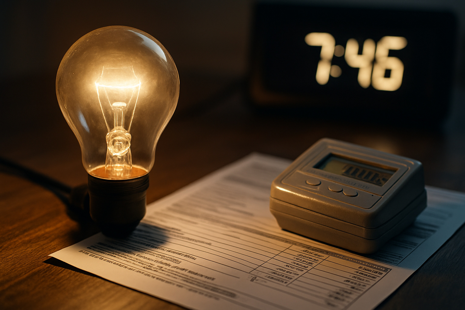 Lâmpada acesa ao anoitecer ao lado de conta de luz e medidor digital, representando o aumento no custo da energia elétrica no horário de pico.