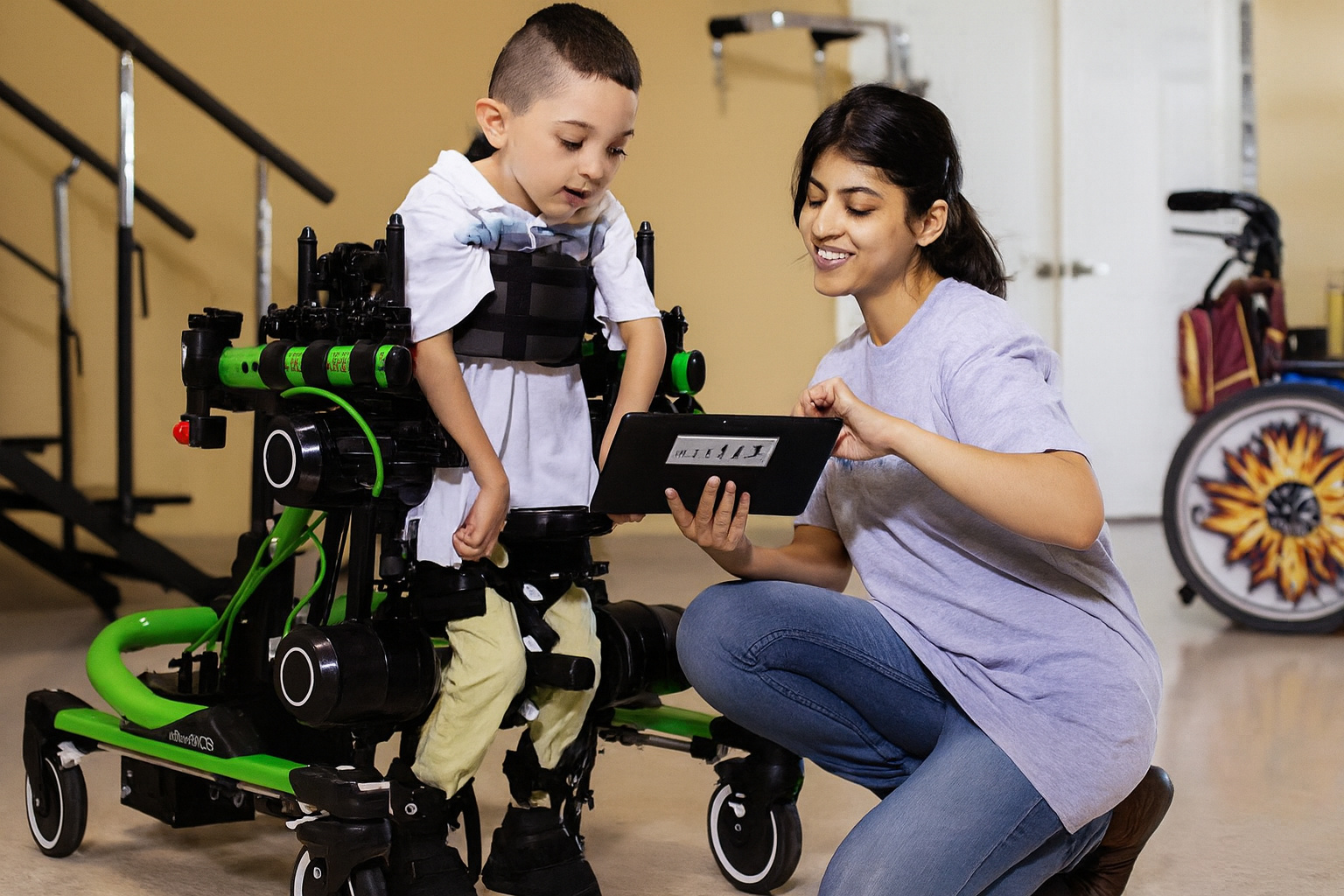 Criança usando o robô infantil Trexo durante sessão de terapia motora com fisioterapeuta em centro de reabilitação.