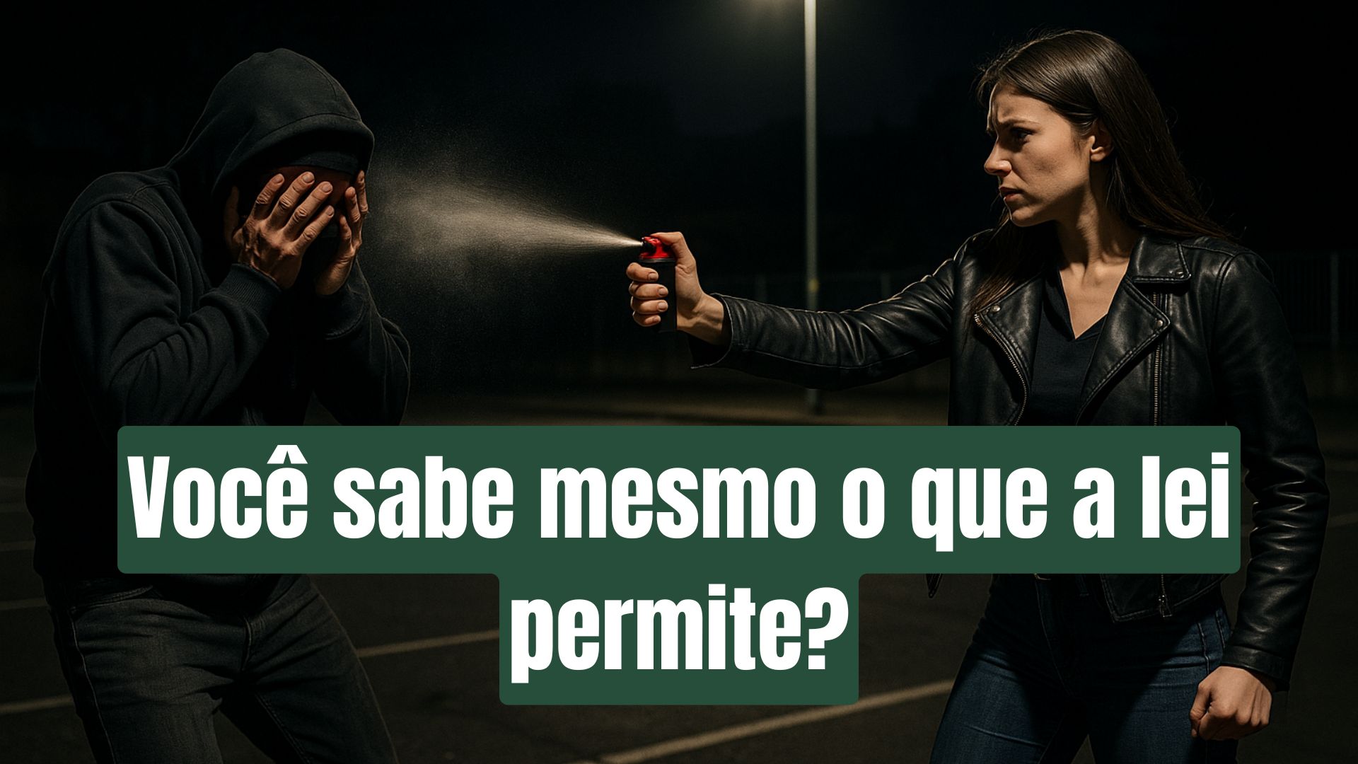 Mulher segurando spray de pimenta em estacionamento à noite, refletindo sobre legalidade e autodefesa.