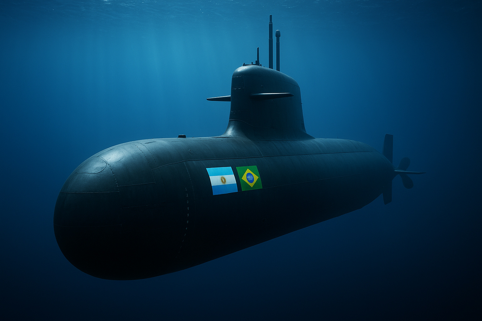 Submarino Scorpène navegando no Atlântico Sul com bandeiras da Argentina e do Brasil, simbolizando cooperação naval.