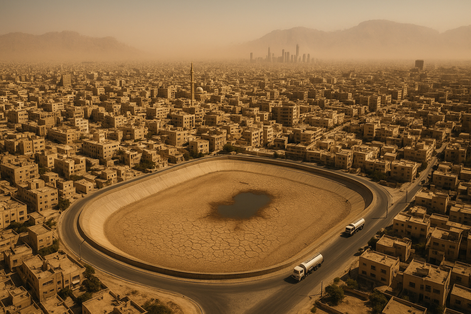 Teerã vista do alto com reservatórios secos e sinais de crise hídrica.