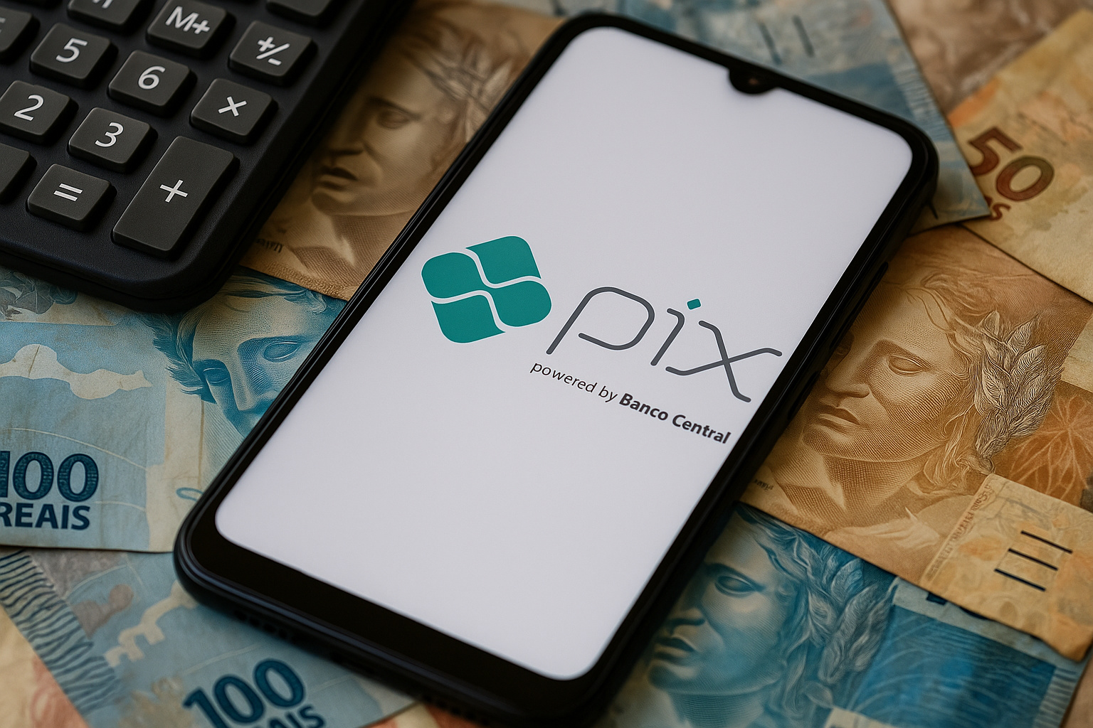 Smartphone exibindo o app Pix sobre cédulas de reais e uma calculadora, representando o monitoramento das transações pela Receita Federal.