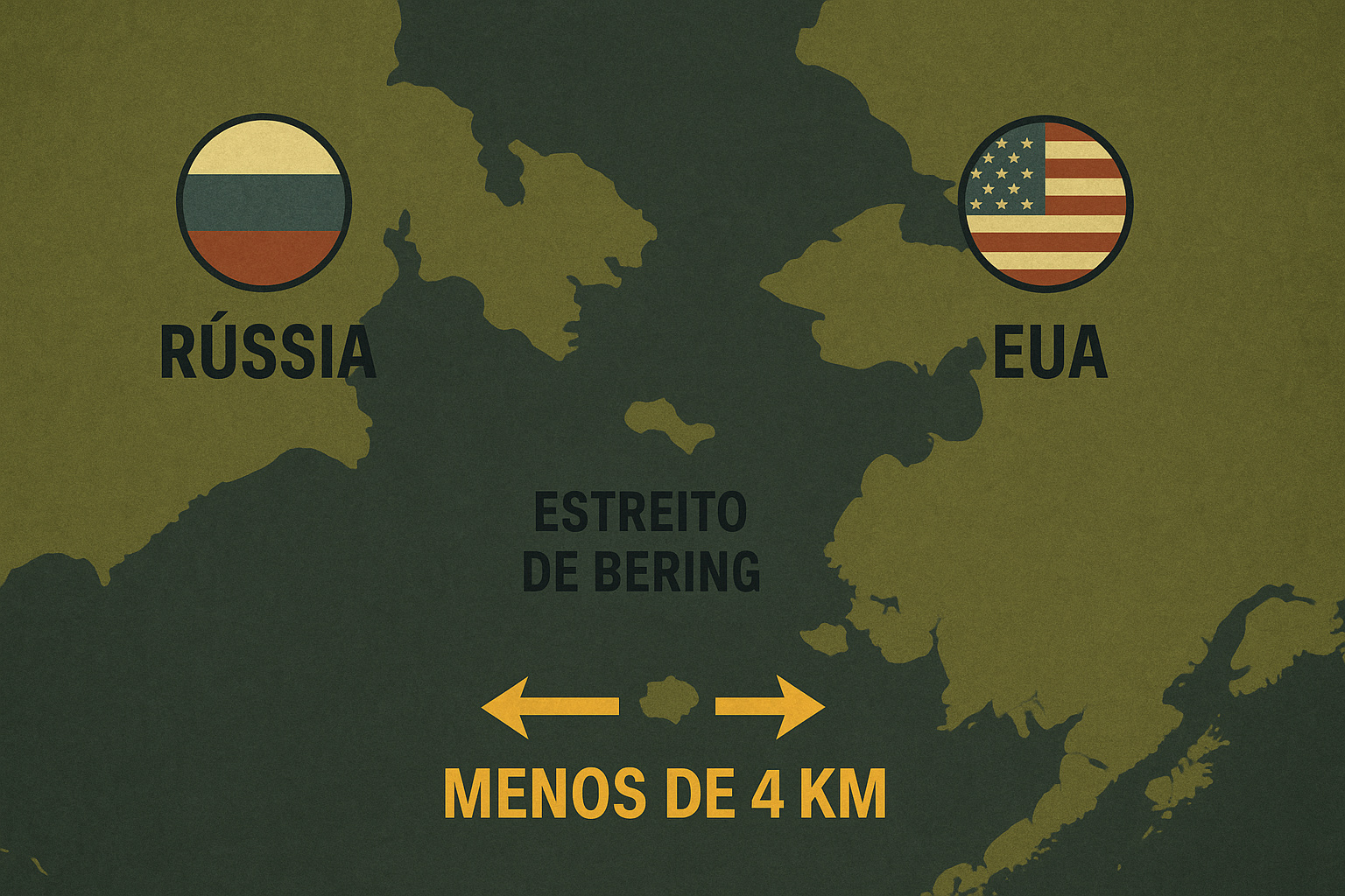 Estreito de Bering congelado visto das ilhas Diomedes, com gelo instável entre EUA e Rússia.