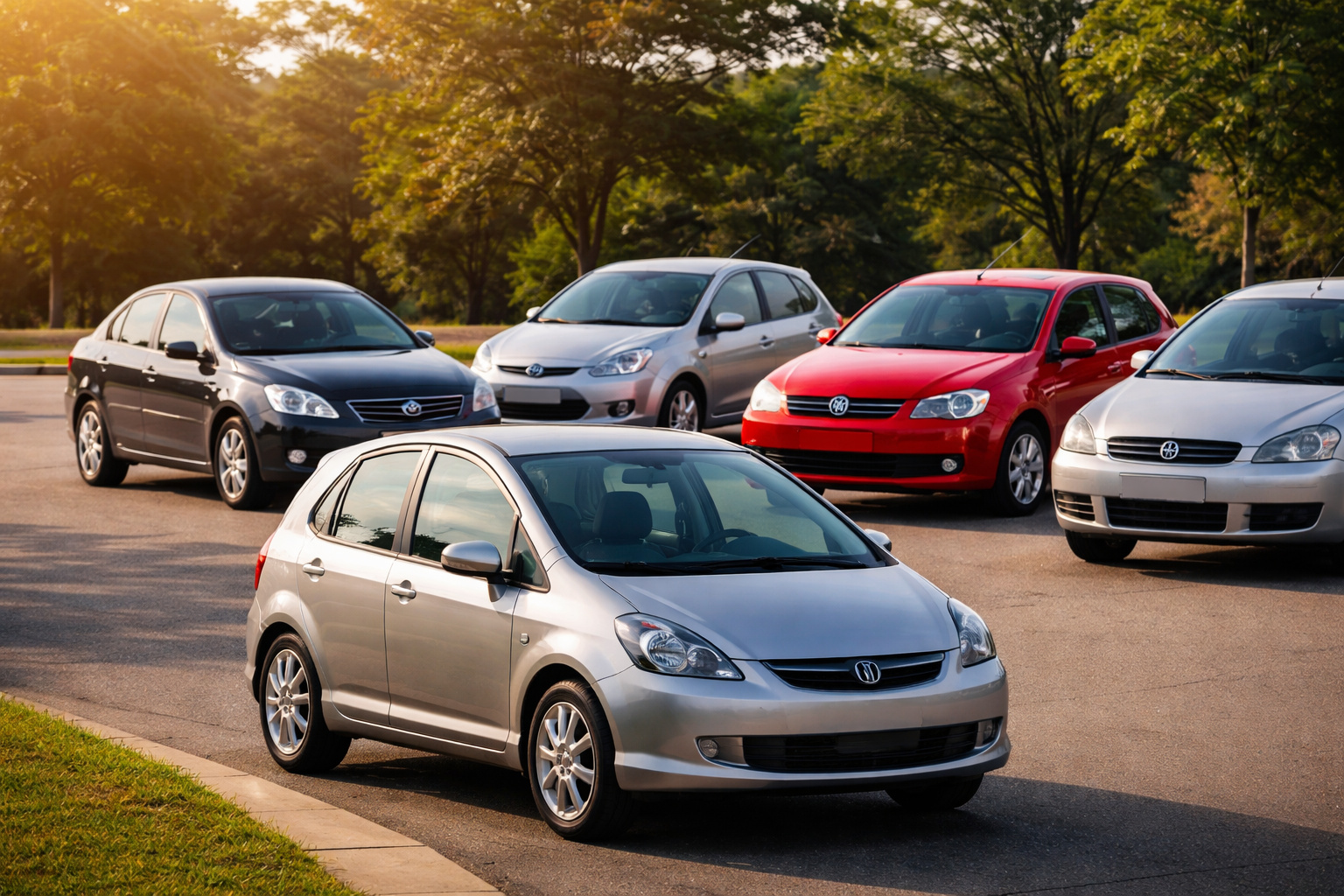 Cinco carros populares fabricados até 2005, estacionados em área urbana arborizada, modelos conhecidos por manutenção simples e isenção de IPVA em 2026.