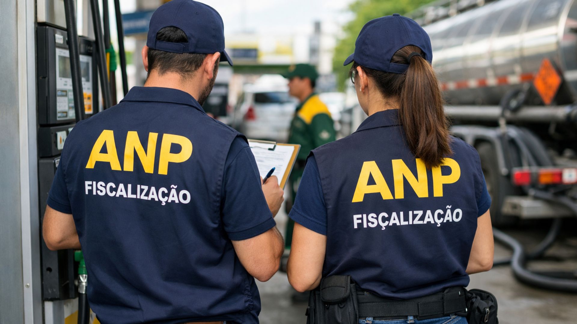 Agentes da ANP de costas em ação de fiscalização em um posto de combustível, com coletes oficiais e equipamentos de verificação.