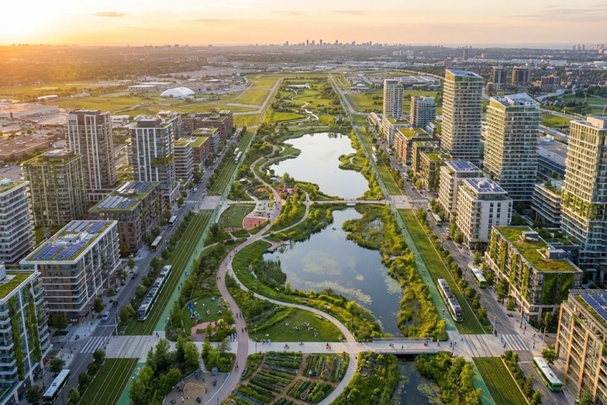 Aeroporto abandonado em Toronto vira megaprojeto YZD, um bairro sustentável com parques, telhados verdes e moradia para 50 mil pessoas. IMAGEM: IA