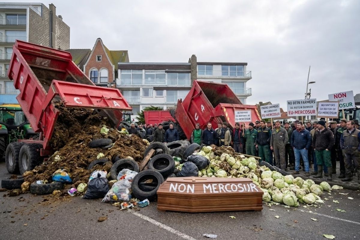Agricultores franceses cercam casa de Emmanuel Macron em protesto contra o acordo UE-Mercosul e temem perder espaço para carne e soja sul-americanas.