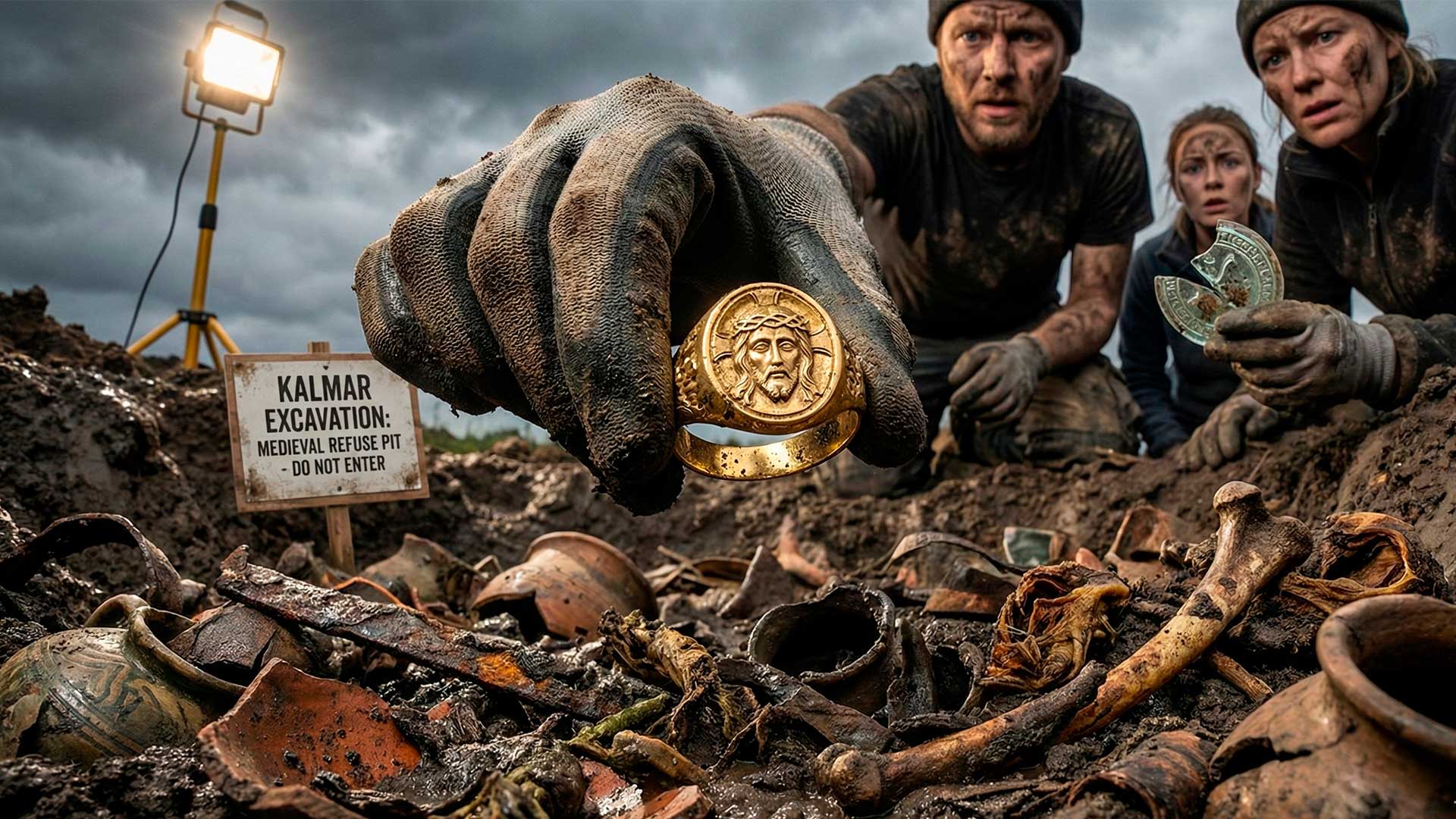 Anel de ouro de Jesus Cristo surge em escavação de antigo lixão na Suécia, intriga arqueólogos e levanta perguntas sobre quem o perdeu há 500 anos