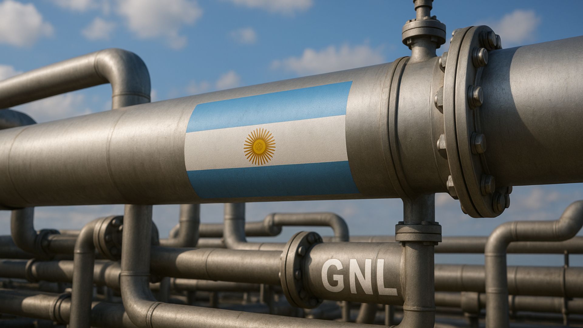 Tubulações industriais de GNL com bandeira da Argentina aplicada em uma das estruturas metálicas.
