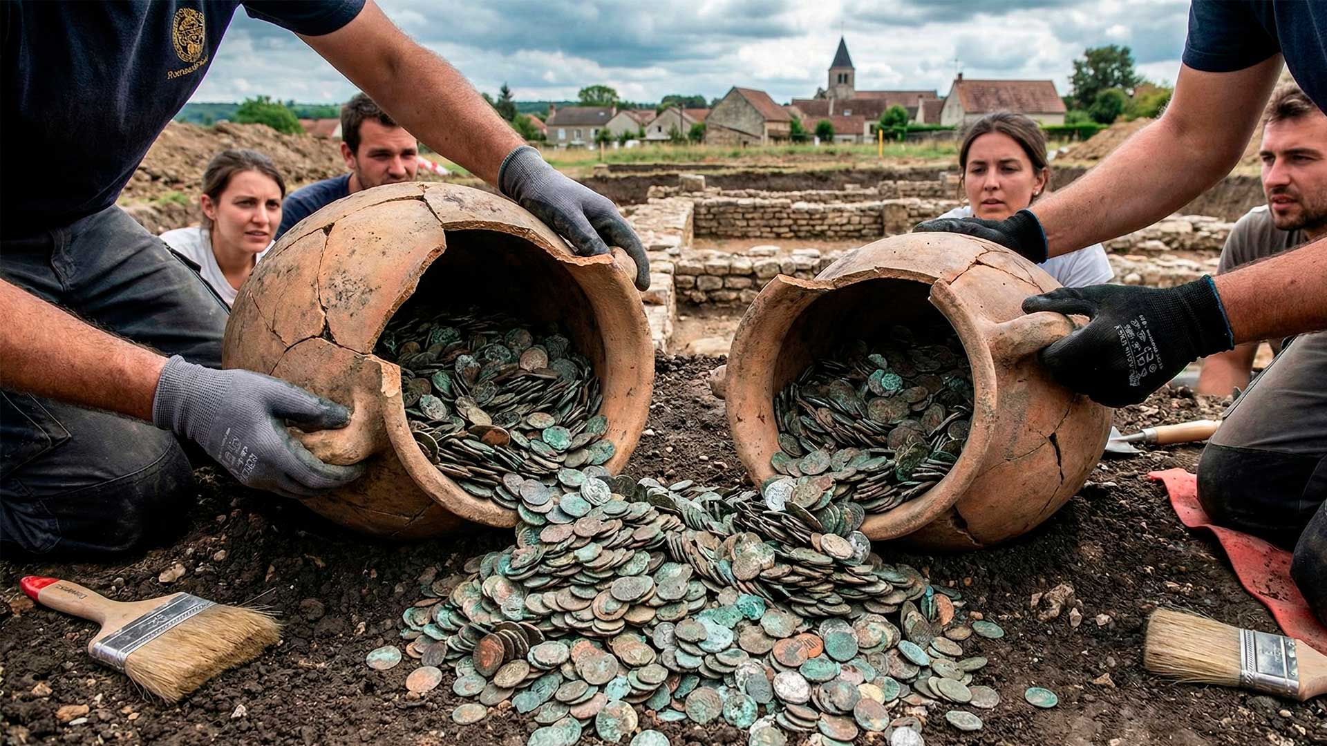 Arqueólogos levantam piso de vilarejo na França e encontram ânforas de 1.800 anos com 40 mil moedas romanas guardadas como cofrinhos gigantes por famílias gaulesas