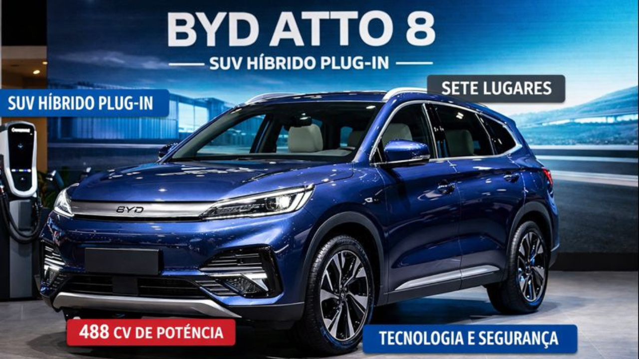 SUV híbrido plug-in BYD Atto 8 combina sete lugares, desempenho esportivo e recursos avançados de tecnologia e segurança.