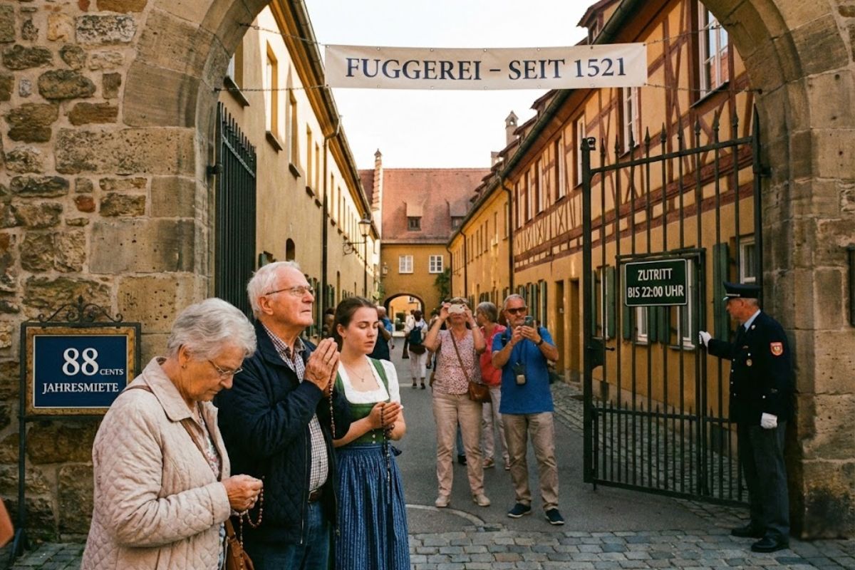 bairro medieval alemão Fuggerei oferece aluguel simbólico a moradores católicos em vila-museu turística cercada por regras históricas, oração diária e portões fechados às 22h.
