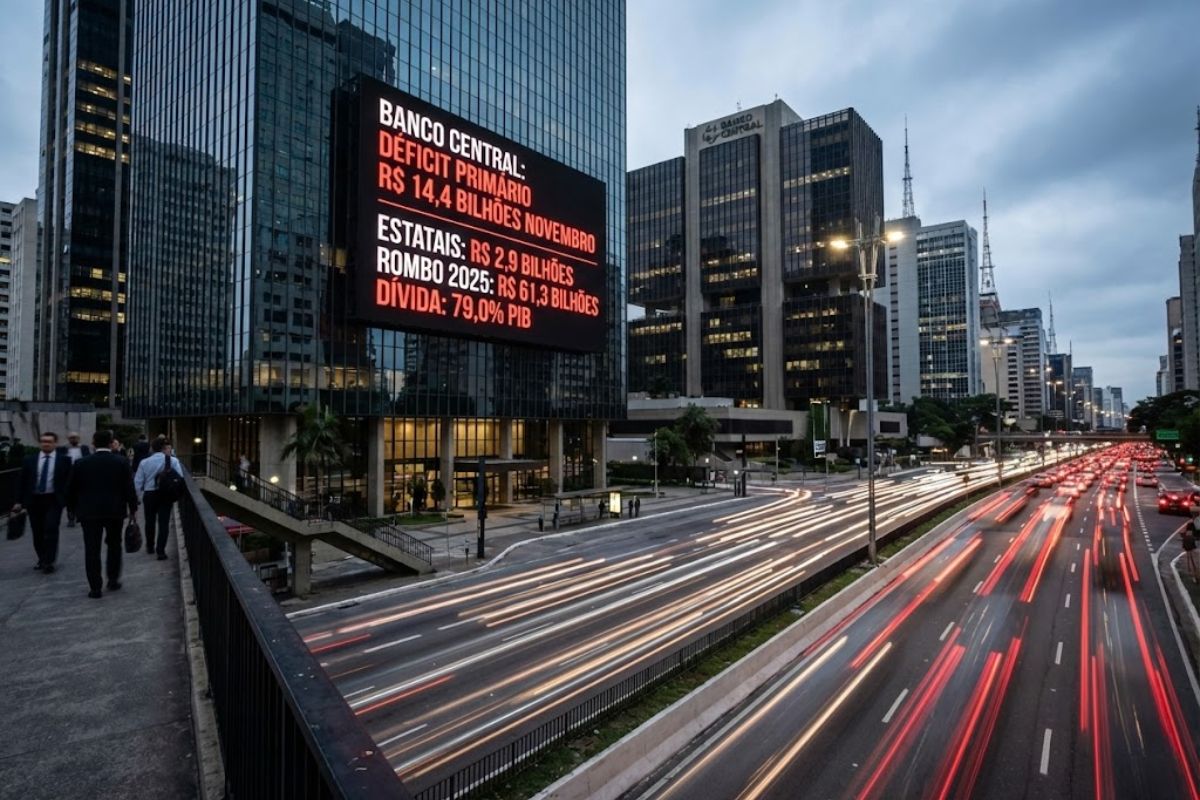 Banco do Brasil em foco: Banco Central aponta déficit primário de R$ 14,4 bi em novembro nas contas públicas; estatais ampliam o rombo e a dívida pública sobe a 79,0% do PIB no acumulado de 2025.