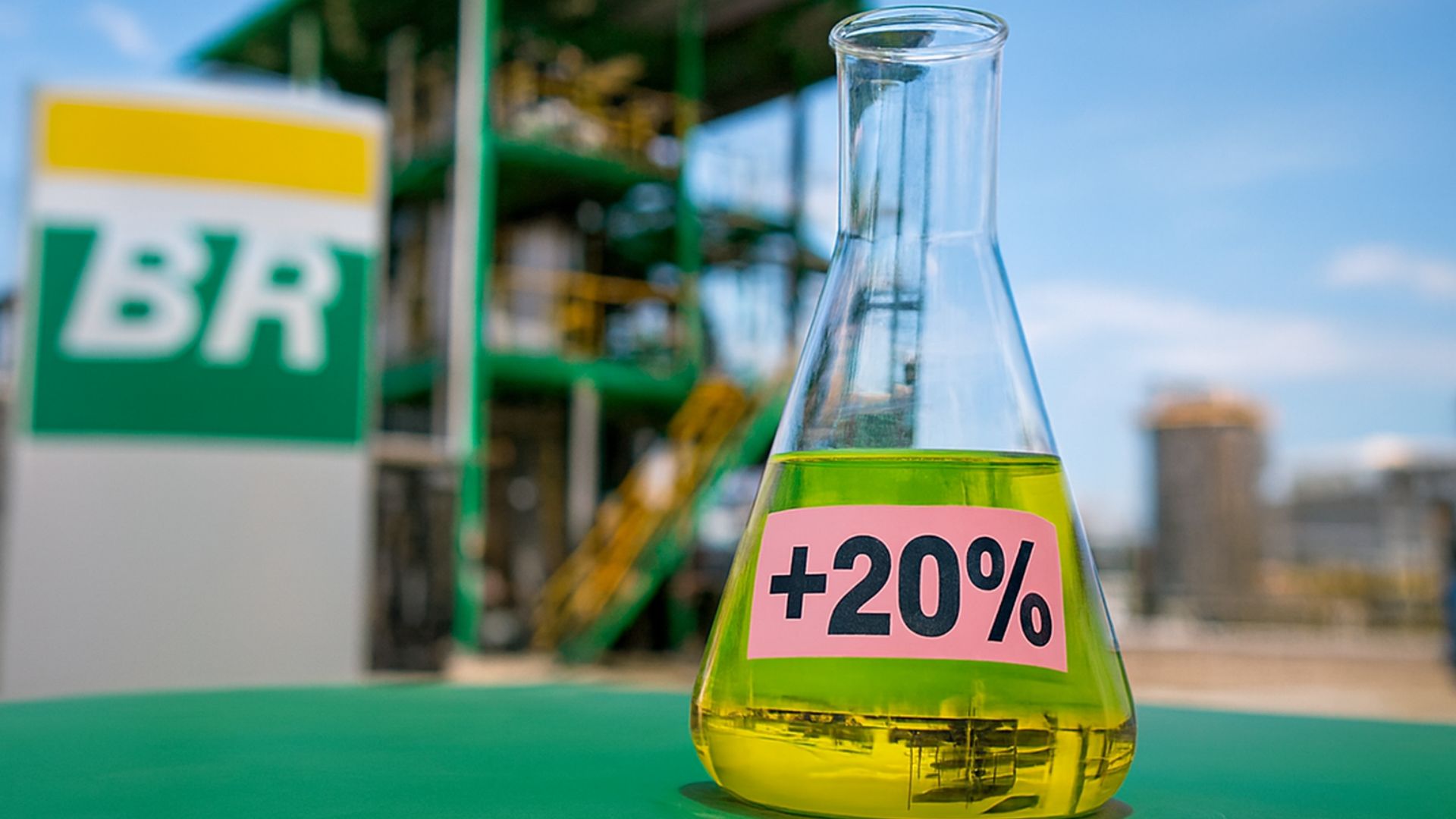 Frasco de laboratório com combustível verde indicando 20% de conteúdo renovável, simbolizando o Diesel-R da Petrobras em processo de coprocessamento sustentável.