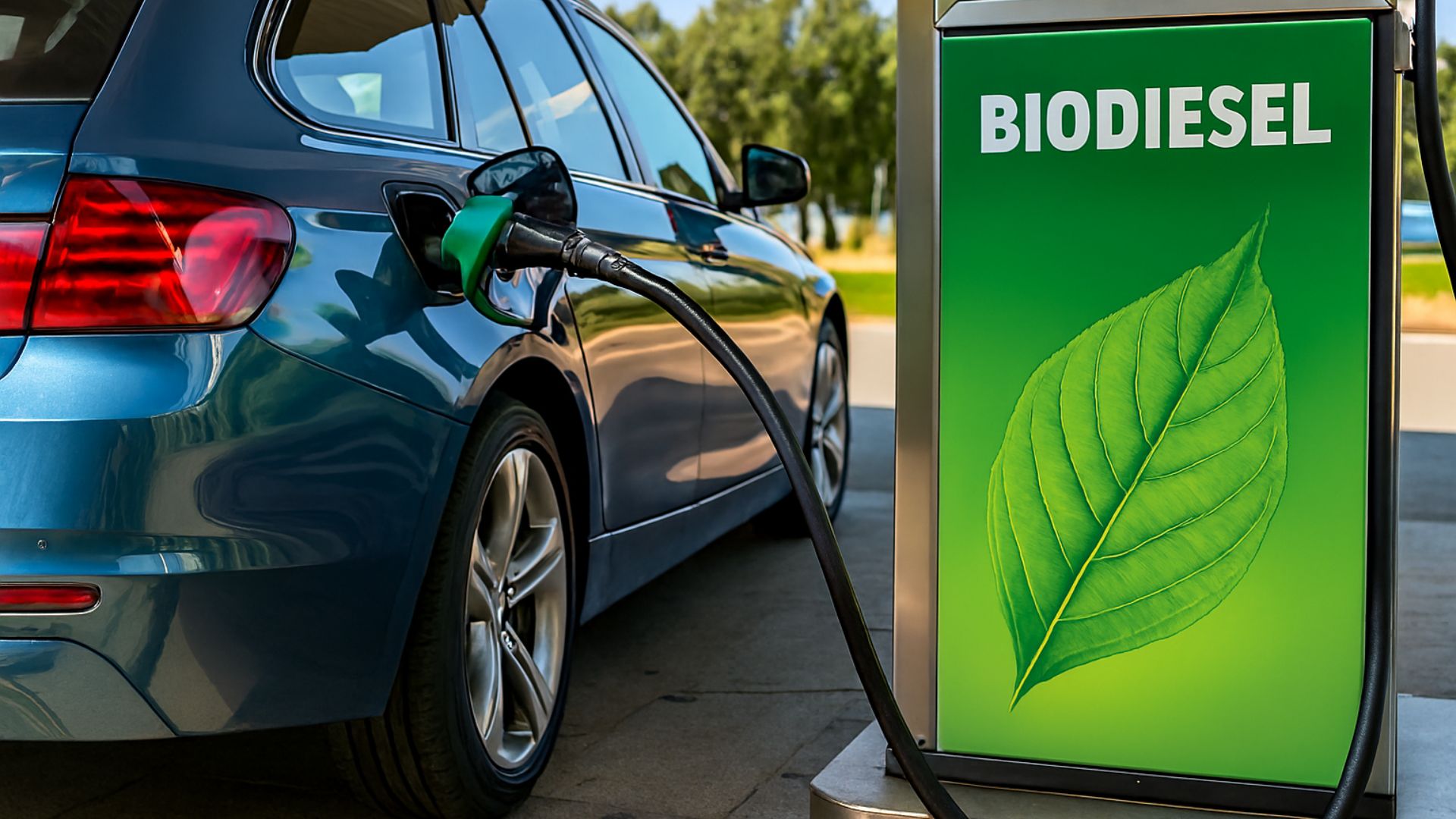Veículo moderno abastecendo com biodiesel em posto ecológico, destacando o uso de combustíveis renováveis no Brasil.