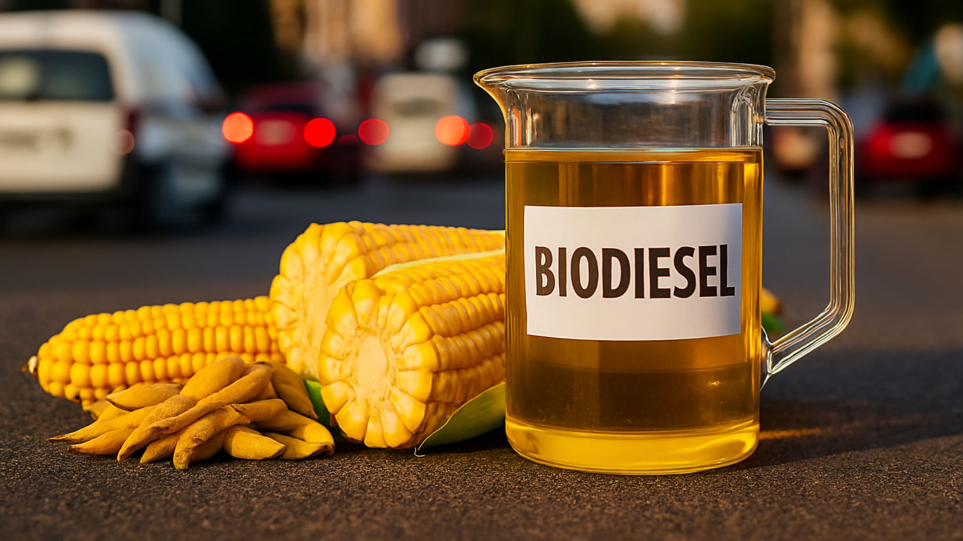 Recipiente com biocombustível identificado como biodiesel ao lado de espigas de milho e grãos, simbolizando a produção de biocombustíveis a partir de matérias-primas agrícolas.