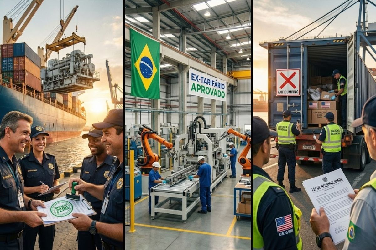 Brasil corta imposto de importação, amplia medidas antidumping e aplica lei de reciprocidade econômica para proteger a indústria brasileira no comércio exterior.