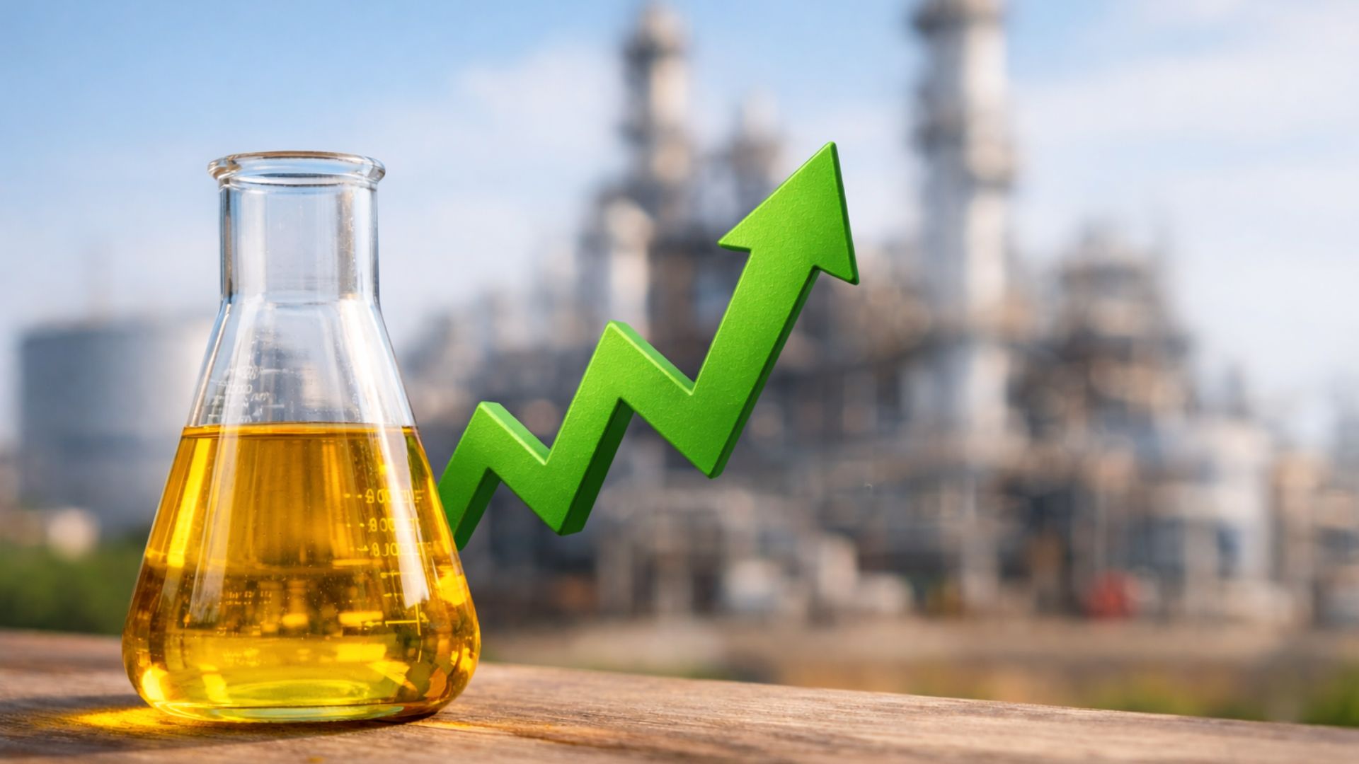 Usina de biocombustíveis ao fundo com frasco erlenmeyer contendo biocombustível em primeiro plano e seta verde apontando crescimento, representando a meta de CBIOs do RenovaBio 2026.