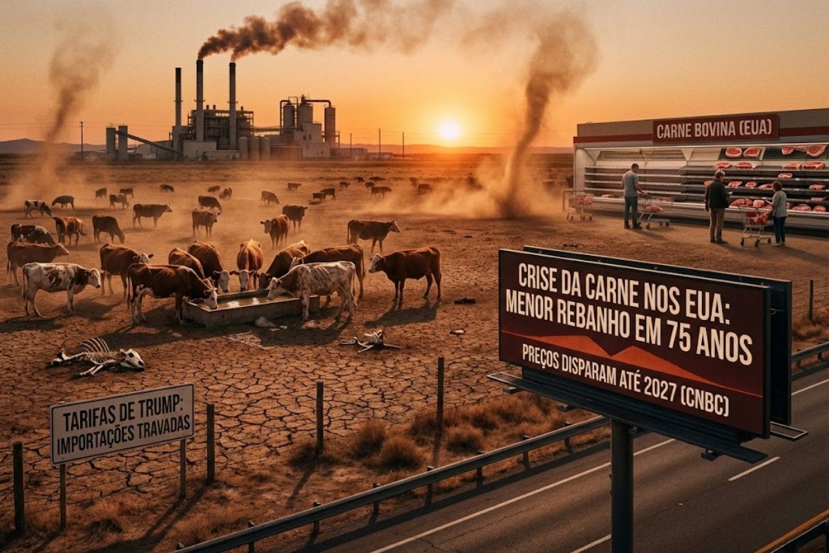 carne bovina nos EUA em alta: preços da carne bovina sobem com rebanho bovino nos EUA reduzido, tarifas de Trump e importações de carne bovina pressionando o mercado.