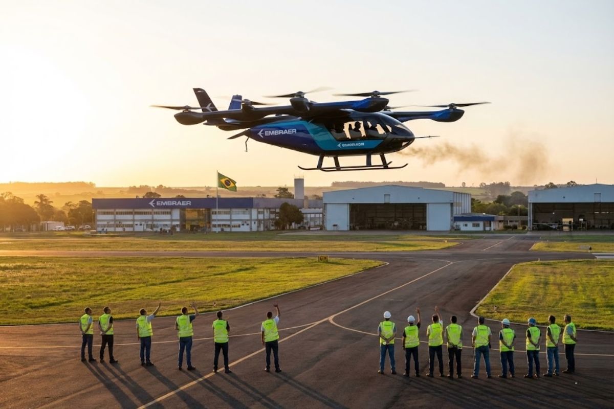 Carro voador da Embraer faz primeiro voo como eVTOL em São Paulo, inicia testes para transporte urbano e impulsiona mobilidade urbana em 2027.