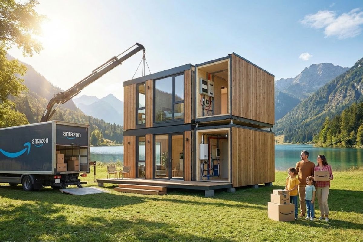 Casa pré fabricada vendida na Amazon tem dois andares, elétrica e hidráulica prontas e vira solução de moradia barata moderna e rápida de montar.
