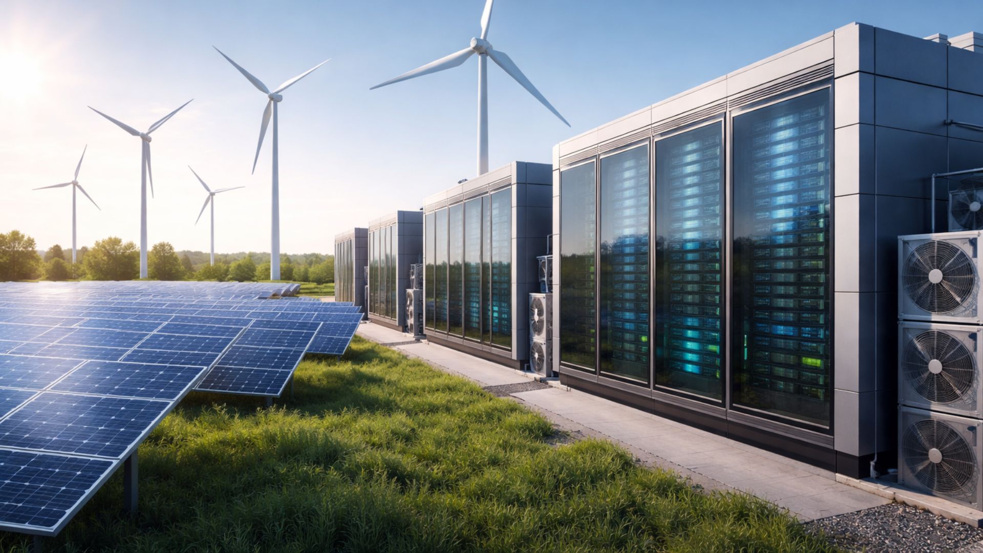 Data centers integrados a parques de energia solar e eólica, simbolizando infraestrutura digital abastecida por energia renovável no Ceará