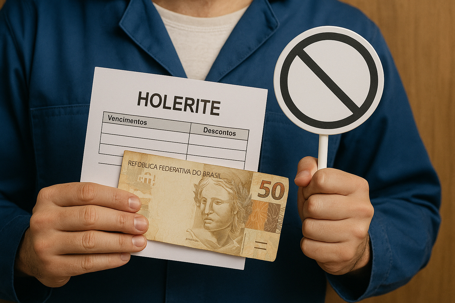Trabalhador segurando holerite sem descontos e dinheiro, simbolizando a isenção do Imposto de Renda para salários até R$ 5 mil em 2026.