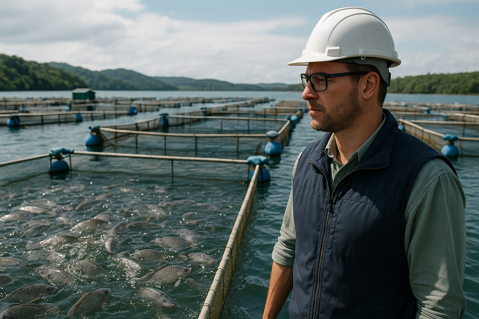 Trabalhador observa viveiros flutuantes com tilápias em águas cristalinas, representando a produção sustentável da maior fazenda de tilápias do Brasil.