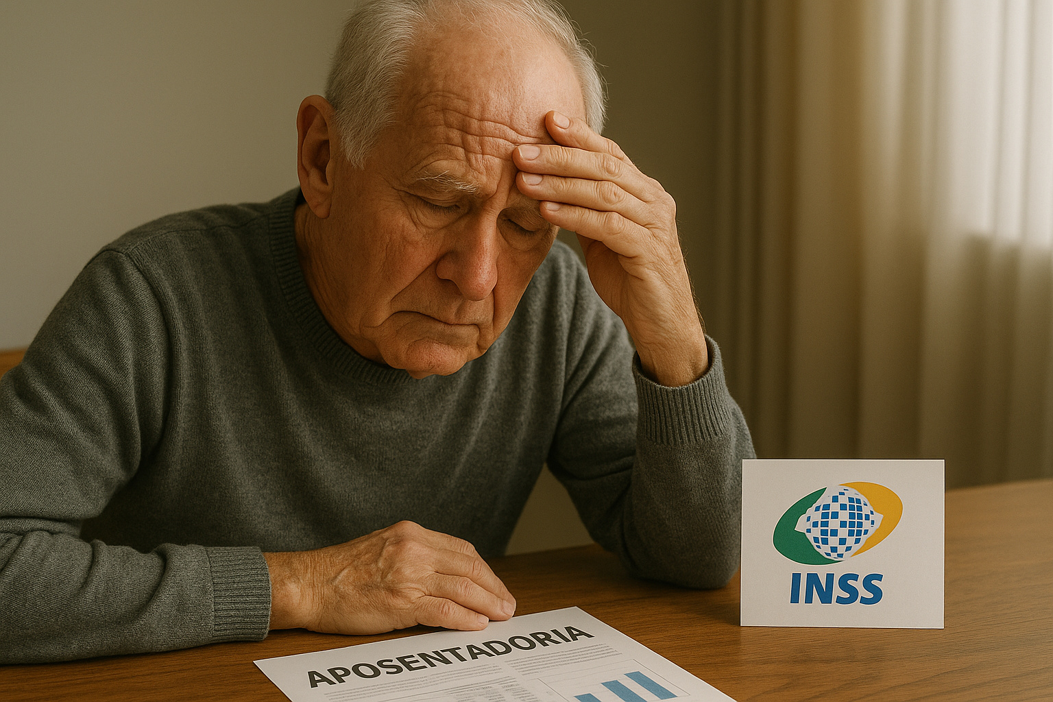 Idoso preocupado analisa documento de aposentadoria ao lado de cartão do INSS, representando a incerteza sobre o futuro da Previdência no Brasil.